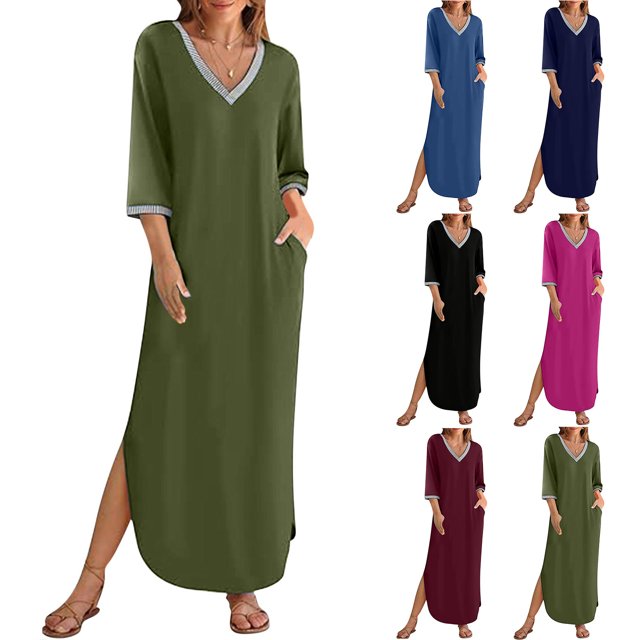 Gspmoly Robes pour Femmes Grande Taille, Robes pour Femmes Manches 3/4 Col en V Ample Fluide Fendue Longue Robe Maxi avec Poches Robes Formelles pour Femmes Offres
