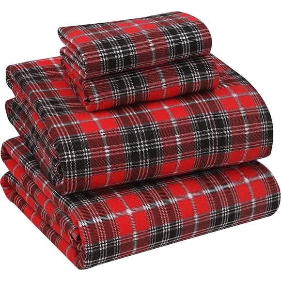 RUVANTI Flannel Sheets King Size - 100% Cotton Brushed King Size Sheets Set - Deep Pockets 16 Inches Bed Sheets - All Seasons Breathable & Extra Soft - Warm & Cozy, 4 Piece, Red Plaid