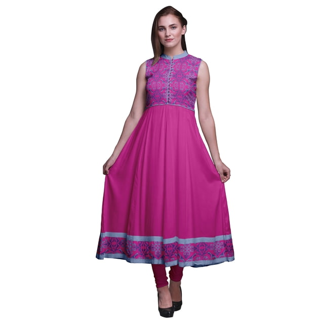 Bimba Kurti Longue Indienne Rose Fuchsia Damassé pour Femmes Tenue de Fête Imprimée Sans Manches Robe Anarkali Kurti Très Grande