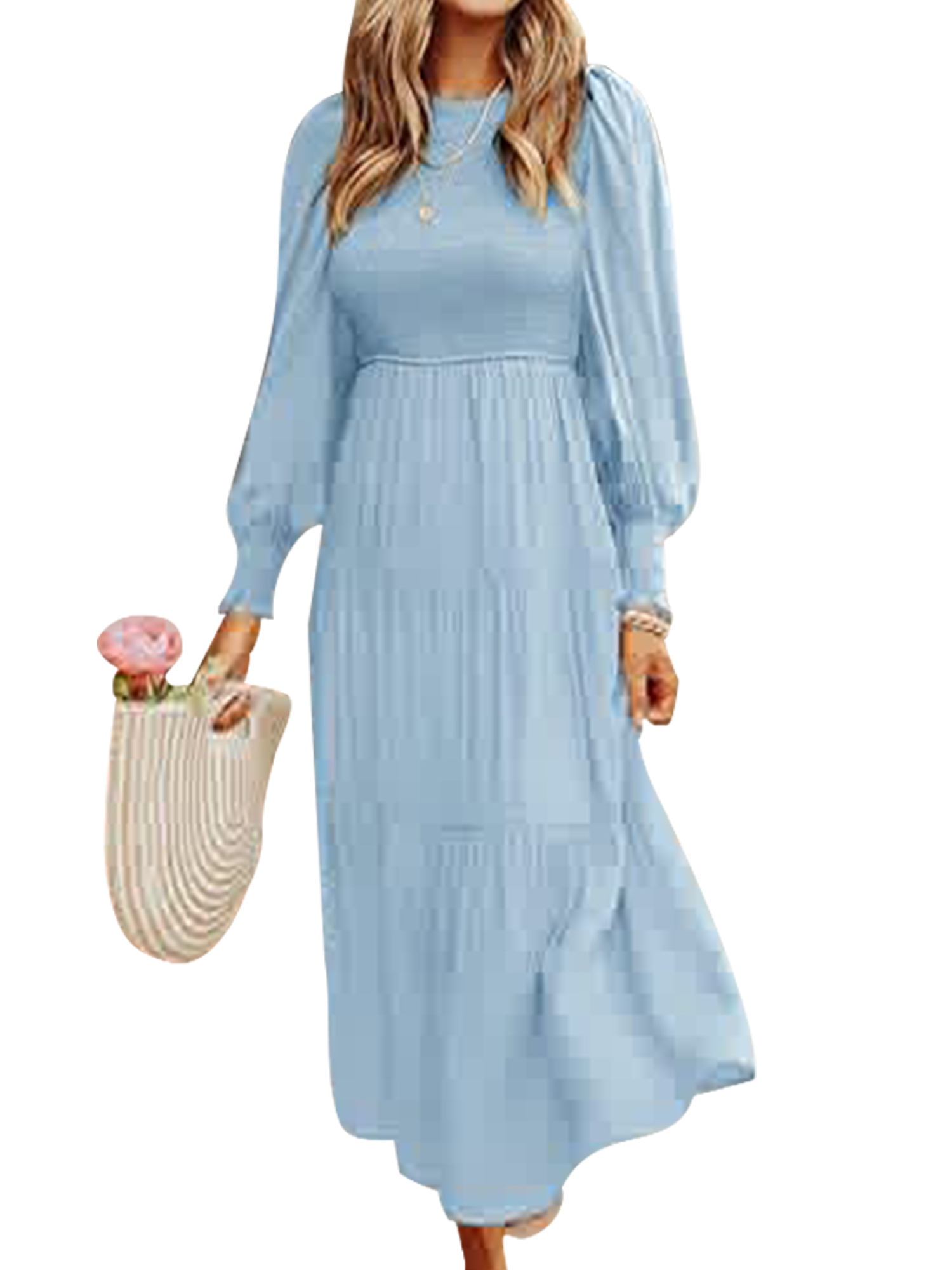 LUXUR Robes Maxi à Manches Longues pour Femmes Décontractées de Soirée Robe Ligne A Bleu Clair G
