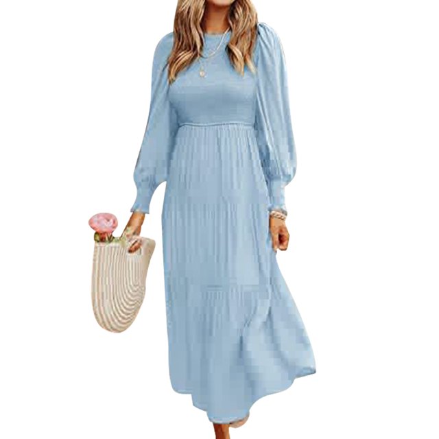 LUXUR Robes Maxi à Manches Longues pour Femmes, Décontractées, de Soirée, Ligne A, Bleu Clair P