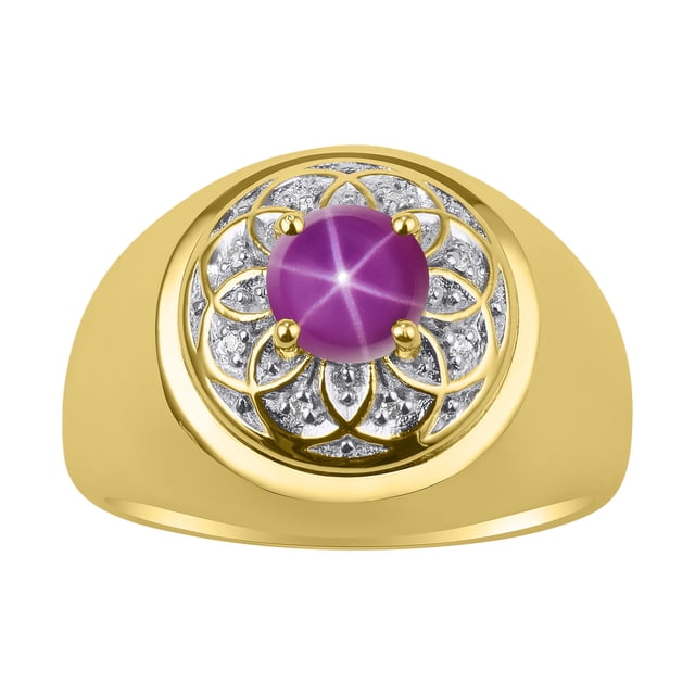 RYLOS Men's Rings Yellow Gold Plated Silver Designer Gypsy 7MM Round Gemstone & Diamond Ring Star Ruby July Size 9