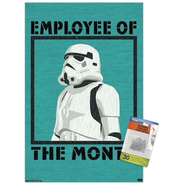 Star Wars : Saga - Affiche Murale « Employé du Mois », 22,375 Po x 34 Po, Représentant un Stormtrooper Blanc en Armure, Centré sur un Fond Texturé Sarcelle avec Texte au Pochoir Noir Audacieux Lisant « Employé du Mois », Imprimée sur Papier d'Affiche Lustré avec Punaises Transparentes Incluses pour une Suspension Facile et Sans Dommages, Idéale pour Décorer les Chambres, Bureaux Ou Dortoirs.