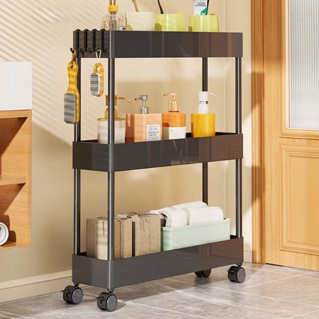 3-Tier Slide-Out Storage Rack | Narrow Space Organizer for Bathroom & Kitchen | 40x12x62.6cm Plastic Shelf with Wheels & Brakes | Adjustable Partitions & Hooks | White or Black