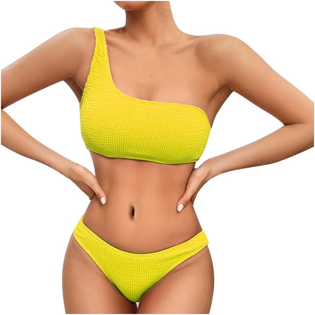 Penkiiy Women's Ribbed Bikini Sets One Shoulder Top with Mid Waist Two Piece Bathing Suit M Yellow