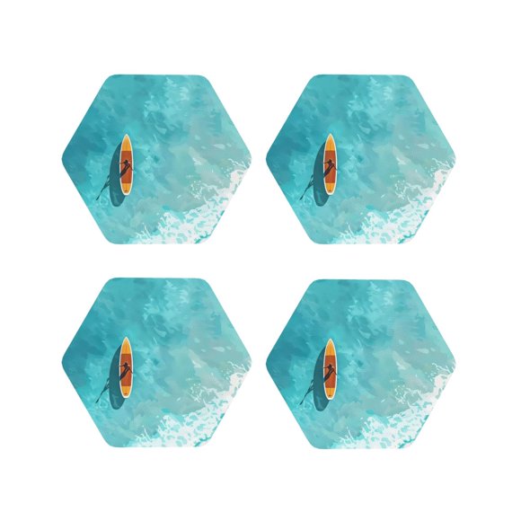 Vsdgher sous-Verres en Cuir à Motif de Voyage en Canot Océan Tranquille pour Boissons, sous-Verres Durables Ensemble de 4 pour Protection de Table, Décor de Maison Luxueux et Cadeau de Pendaison de Crémaillère - Hexagone