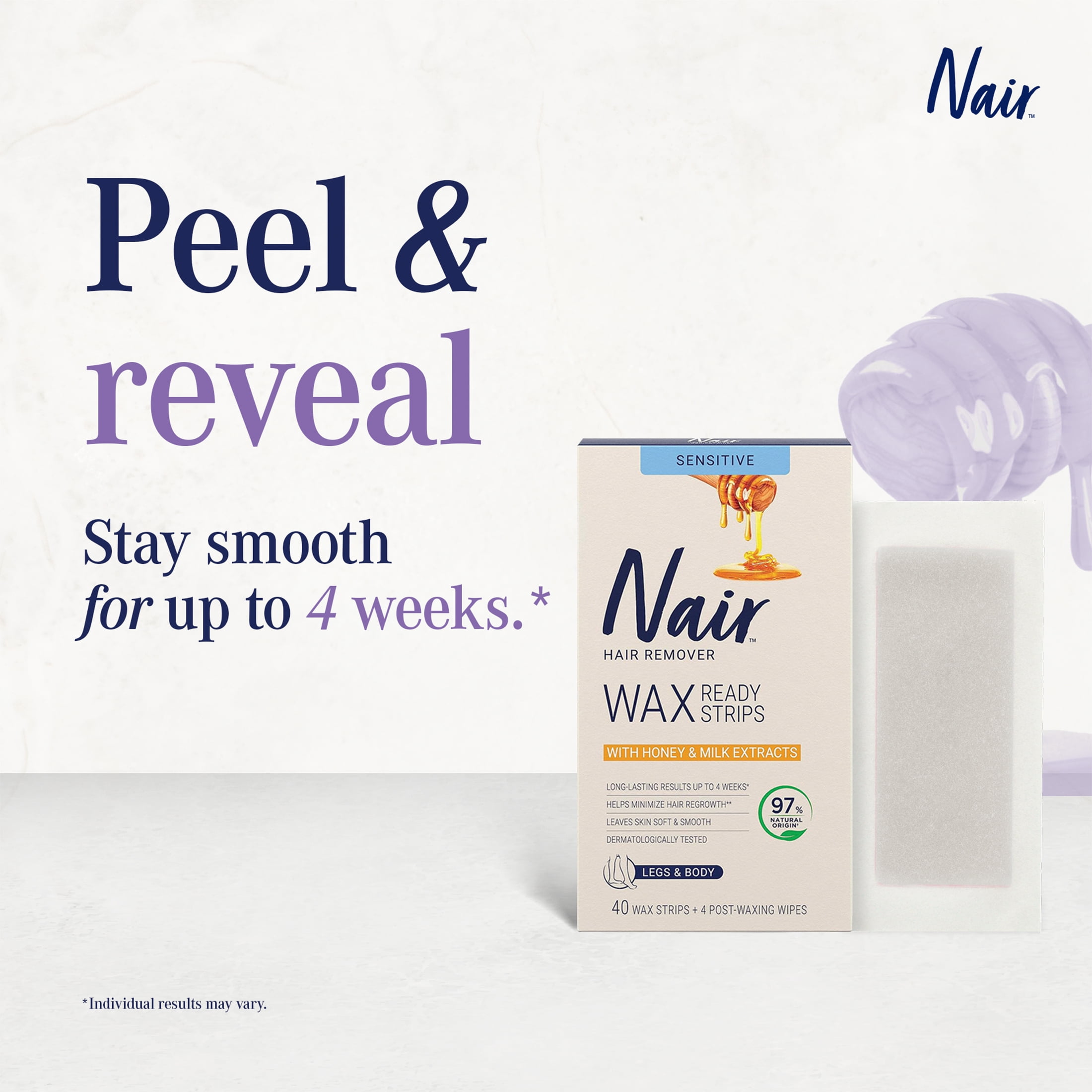 Nair Lot de 40 bandes de cire pour jambes et corps au lait et au miel + 4 lingettes de finition