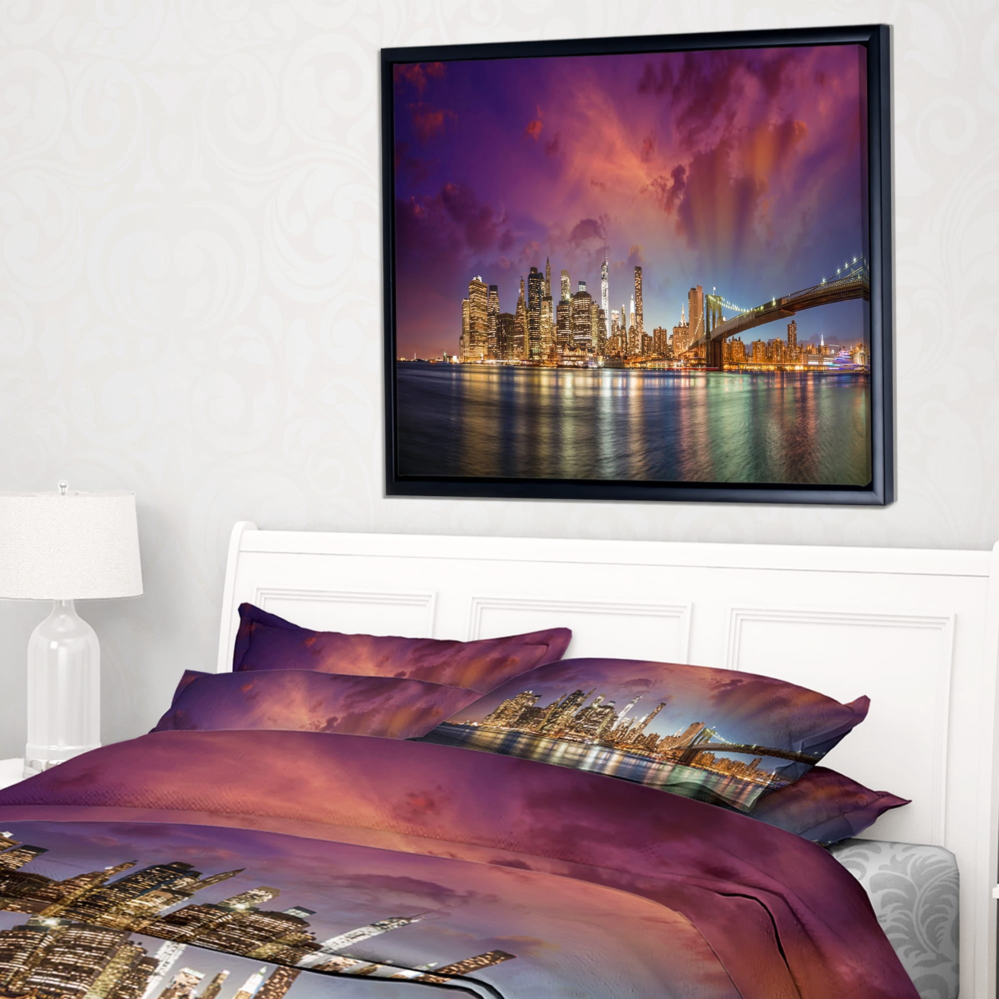 Design Art New York Manhattan Skyline with Clouds Framed Canvas Art Print