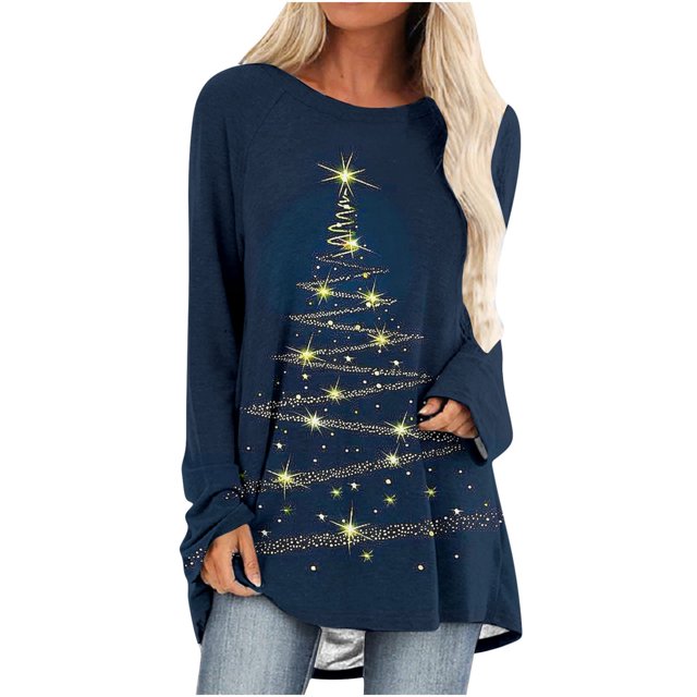 Pisexur Hauts de Noël pour Femmes Manches Longues Imprimé Vacances T-Shirt Mode Col Rond Chandail Décontracté Ample Automne Sortie