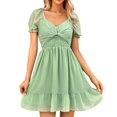thumbnail image 1 of B91xZ Femmes Été Élégante Robe Casual Manches Courtes Smocked Robe V Cou Haut Tour de Taille Étagée Robes Midi, Vert M, 1 of 5