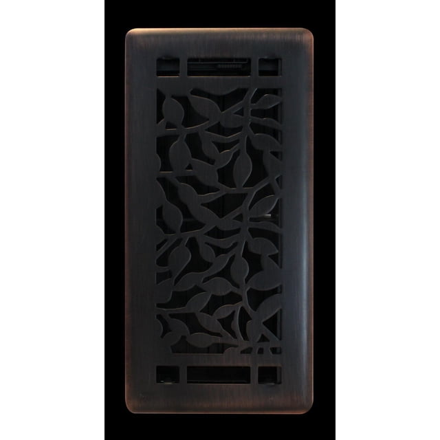 Floor Choice Desi Orbs 4x10 floor register with a rectangular dark bronze metal grille featuring a decorative leaf cutout pattern, ideal for ventilation and ductwork airflow control in home improvement.