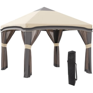 Outsunny 10' x 10' Pop Up Canopy Foldable Party Tent with Nettings, Beige