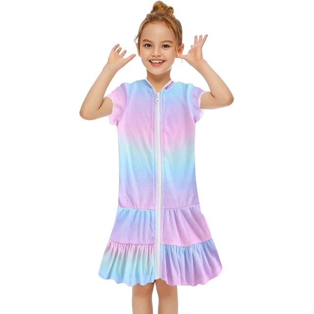 Hiiyo Robe de Plage à Capuche Zippée pour Petites Filles, Cache-Maillot Arc-en-Ciel à Manches Courtes