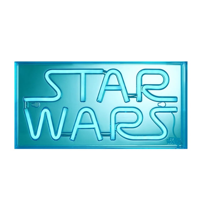 Star Wars Neon LED Lamp with blue neon tubing forming the words 'STAR WARS' inside a rectangular frame, USB powered for decorative novelty lighting, suitable for adding ambient light to kids' bedrooms or play spaces.