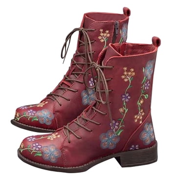 Jsaierl Women's Combat Boots Lace Up Embroidered Boots For Women Western Cowboy Ankle Booties Fashion Low Chunky Block Heel Pointed Toe Fall Heeled Booties Shoes