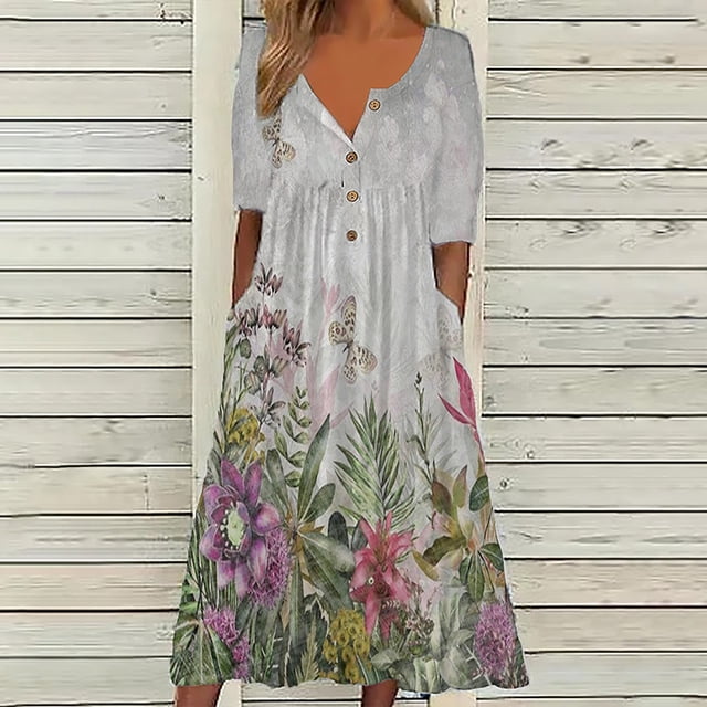SMihono Robe d'Été pour Femmes Grande Taille Mode Femmes Été Imprimé Décontracté Col en V Bouton Manches Courtes Vacances Poches Robe
