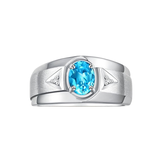 RYLOS Men's Rings Sterling Silver Classic 7X5MM Oval Gemstone & Diamond Ring Blue Topaz December Birthstone Rings For Men, Men's Rings, Silver Rings, Size 12