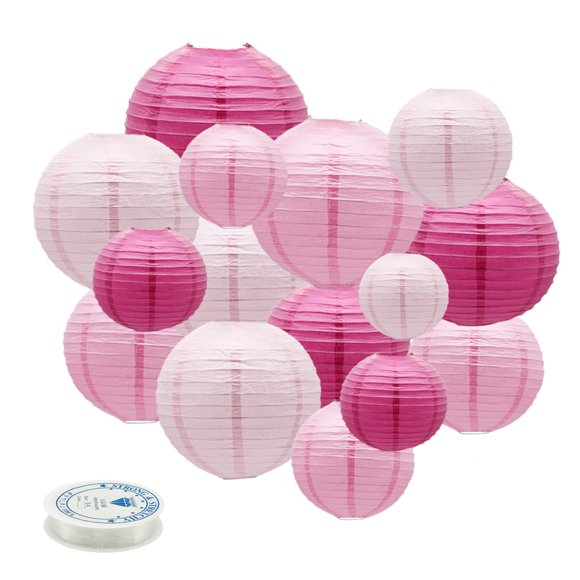 Meiduo Round Chinese Paper Lanterns Decorative 15pcs Wedding Birthday Party Valentine's Day Baby Showers Decoration (Pink)