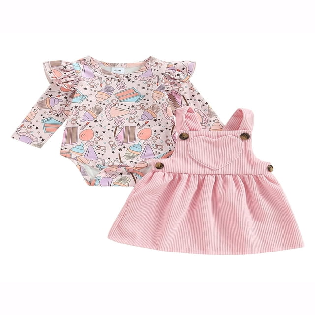 Infant Baby Girls Outfits Long Sleeve Ruffle Knit Heart Print Romper+ Suspender Skirt Overall Dress Set Light Pink 6-9 Months