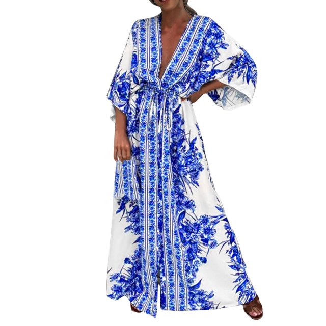 Kcodviy Robes Vintage Bohèmes Quotidiennes en Coton pour Femmes Décontractées d'Été Décontractées Sans Manches à Enfiler Grande Taille Robes d'Été pour Femmes Robe Imprimée Ajourée Col en V par-Dessus Plage Longue Robe