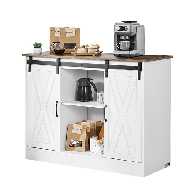 VEVOR Coffee Bar Cabinet 3-Tier Coffee Bar Table with barn doors, designed for farmhouse-style kitchens or dining areas. Features a white particleboard frame, melamine tabletop, and sliding barn doors with black metal handles. Offers multi-tier storage for coffee tools, tableware, and small appliances. Ideal as bar furniture or kitchen storage. Dimensions: 41.8 x 15.8 x 32.1 inches.
