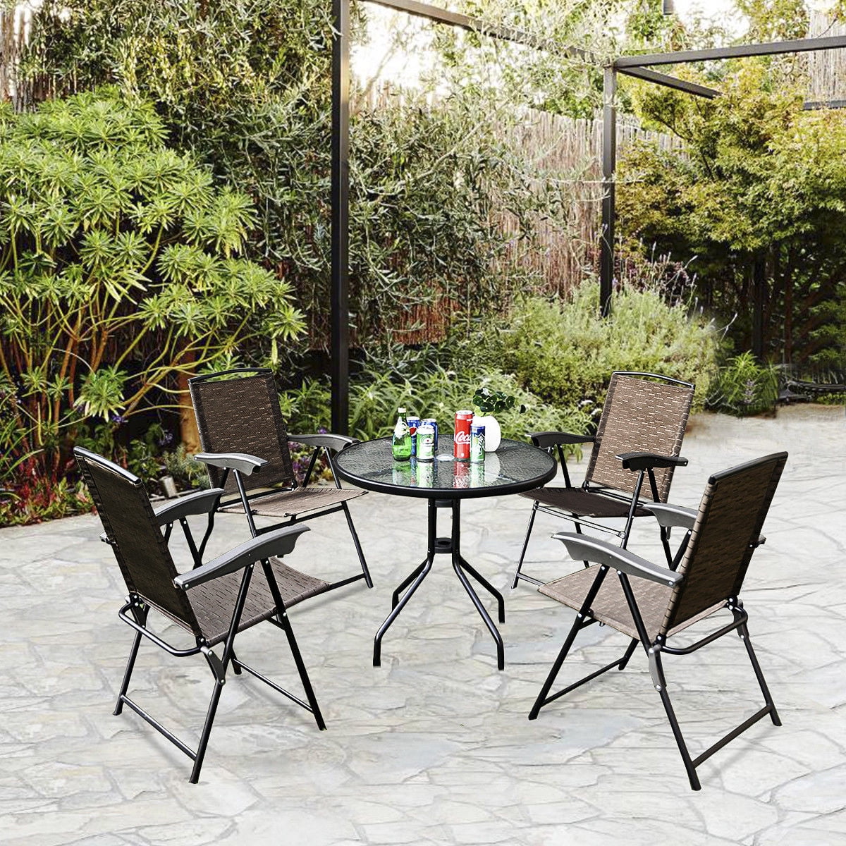 Costway 5PCS Outdoor Bistro Set Glass Table Patio Furniture W/ 4 Adjustable Chairs