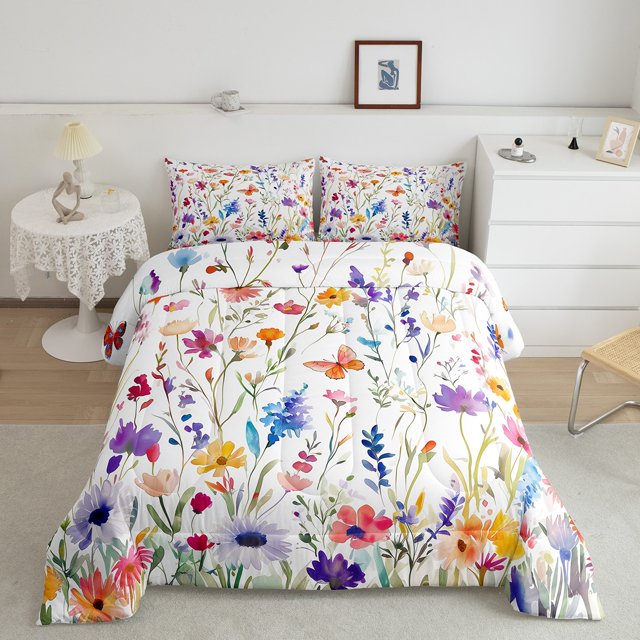 Erosebridal Colorful Flower Bedding Full Comforter Set for Girls, Rainbow Butterfly Down Comforter, Breathable 3-Piece
