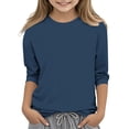 thumbnail image 2 of 2025 Chemises à Manches 3/4 pour Filles Mode Couleur Unie Col Rond Hauts Chemises Décontractées Marine, 2 of 6