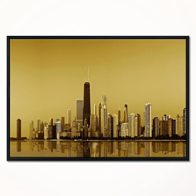 Design Art Chicago Côte Dorée avec Gratte-Ciel Impression sur Toile Encadrée Montrant une Vue Centrale de la Ligne d'Horizon de Chicago avec des Gratte-Ciel Réfléchis sur l'Eau, Imprimée sur Toile Résistante à la Décoloration Tendue sur un sous-Cadre en Bois de 1 Po et Enveloppée dans un Cadre Flottant Noir, Prête à Accrocher avec Trousse Incluse, Convient Aussi à la Décoration Murale Moderne de la Maison.