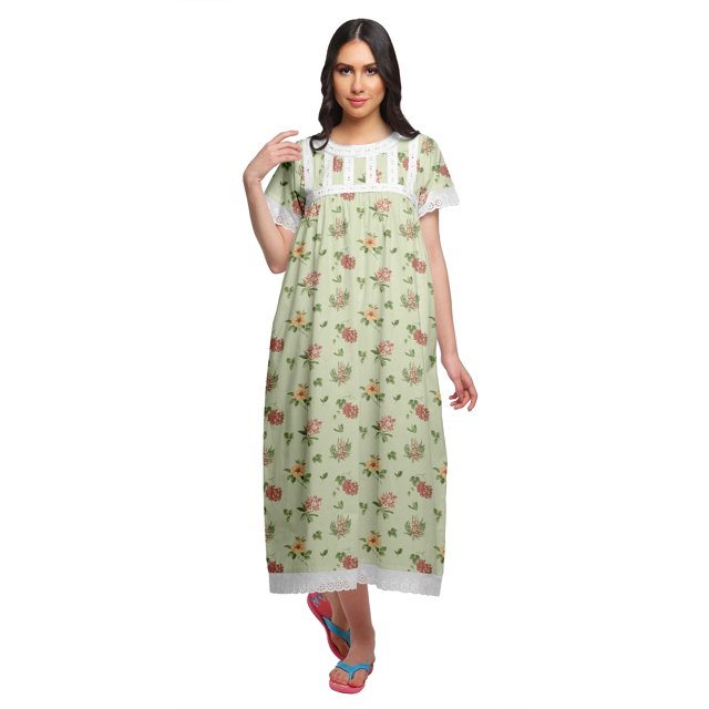 Moomaya Printed Sleepwear Cotton Ruffled Border Womens Maxi Nightdress