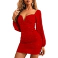 thumbnail image 1 of Robe Moulante à Manches Longues à Col en V Profond Style Hepburn pour Femme Courte Rouge TG, 1 of 9