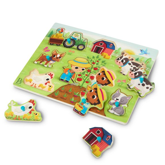 B. toys - Peek & Explore - Ferme - Casse-Tête à Chevilles en Bois - Casse-Tête de Ferme pour Tout-Petits, Enfants - 8 Pcs de Ferme - Grange, Animaux, Fermiers et Plus - 2+ Ans