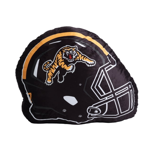 CFL Hamilton Tigercats Coussin en Forme de Casque avec un Oreiller de Casque de football Pelucheux et Doux en Noir avec une Rayure Jaune et le logo Tigre Hamilton Tigercats, Parfait pour la Déco de Boutique de Fans de la CFL et pour Se Détendre Confortablement pendant les Journées de Match.