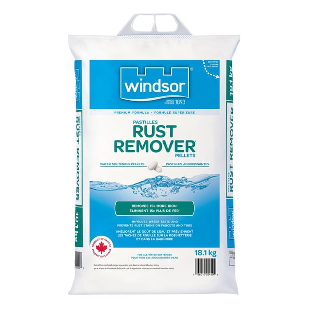 Windsor Rust Remover Pellets bag for water softeners, featuring a white and blue design with the Windsor logo. The 18.1 kg bag contains pellets that remove 15 times more iron than salt, improve water taste, and prevent rust stains on faucets and tubs. It is a Canadian product with bilingual English and French text.