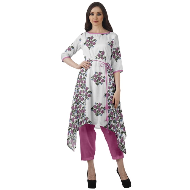 Moomaya Printed Traditional Clothing Womens Asymmetric Kurti Kurta With Pant Set