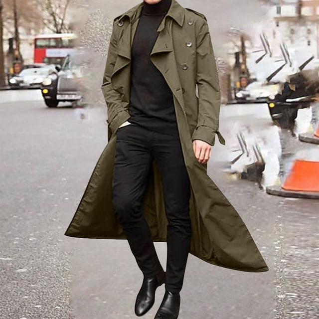 TIMIFIS Men's Full Length Trench Coat Long Wool Overcoat Winter Windbreaker-CamouflageFall