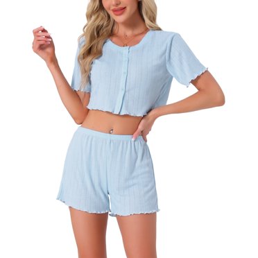INSPIRE CHIC Women's Pajama Sets Short Sleeves Knit Button Down Crop Tops with Shorts 2 Piece Y2K Loungewear XS Blue