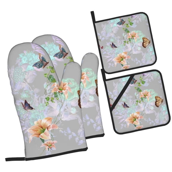 LAKIMCT Butterfly Leaf Flowers Oven Mitts and Pot Holders Sets Non-Slip Potholders Heat Resistant Oven Gloves for Kitchen Baking Cooking BBQ, 4-Piece Set