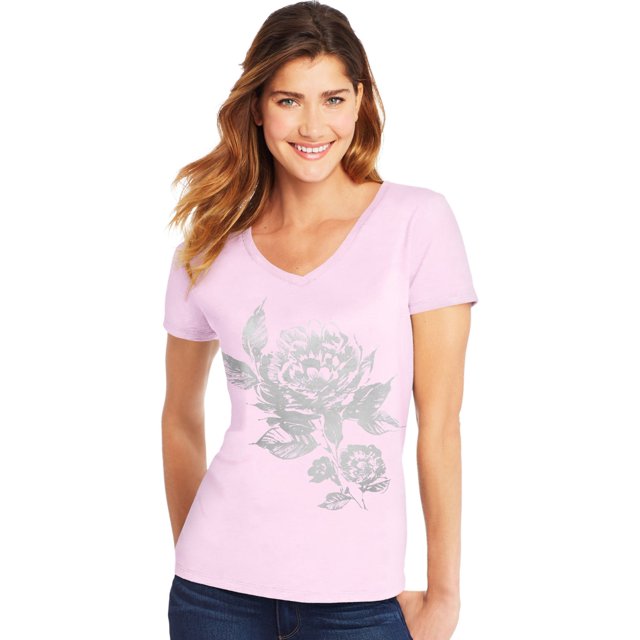 Hanes T-Shirt à Manches Courtes Col en V pour Femmes, P, Floral Semplice/Paleo Rose