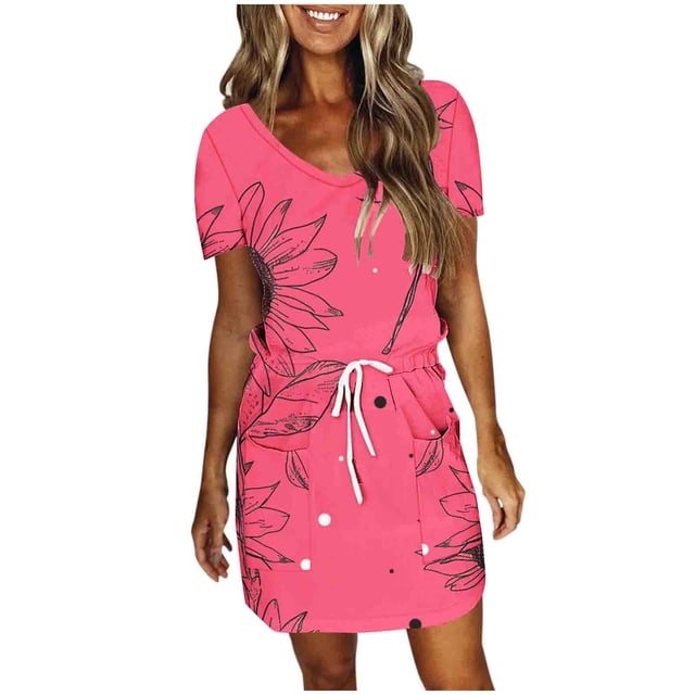 DPTALR Robe Mi-Mollet à Manches Courtes et Col en V pour Femmes, Jupes Courtes Rétro pour Dames, Jolies Robes d'Été pour Sorties pour Filles