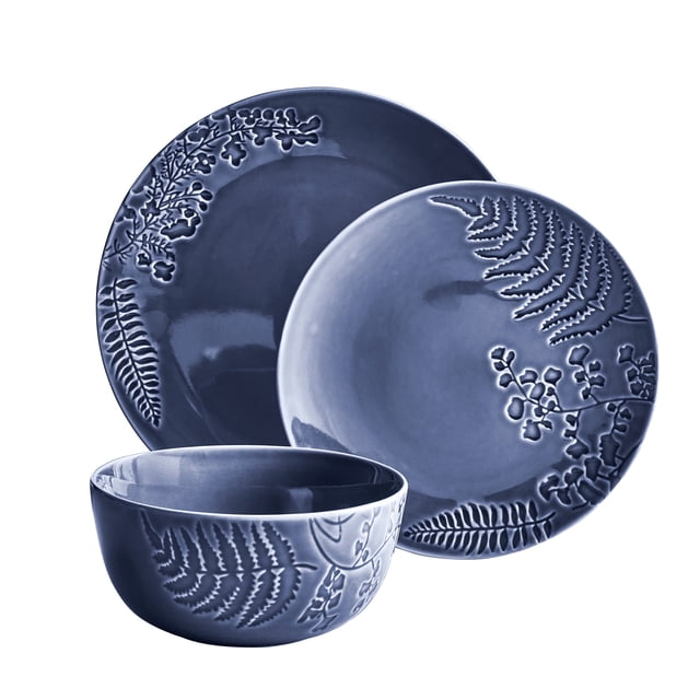 Better Homes & Gardens-Ellie Blue Stoneware 12-Piece Dinnerware Set with blue stoneware dinner plate, dessert plate, and bowl featuring embossed botanical fern patterns and hand-applied reactive glaze, dishwasher and microwave safe, suitable for everyday meals and special occasions.
