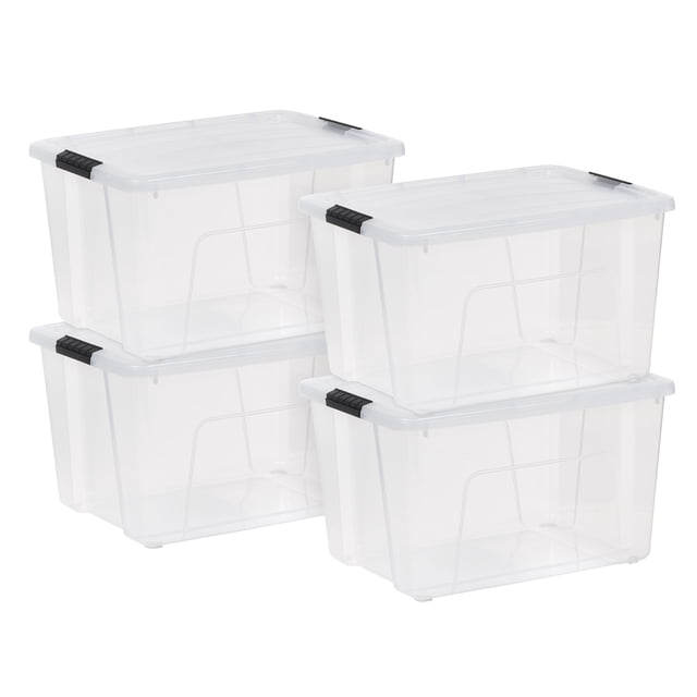 IRIS 56L Clear Latch Box, Stackable Plastic Storage Bins with Lids, 4 Pack clear 56L plastic storage bin with fitted lid, visible molded lid grooves for secure stacking and durable buckle latches; shown stacked and nested, often used for dorms, seasonal storage or moving.