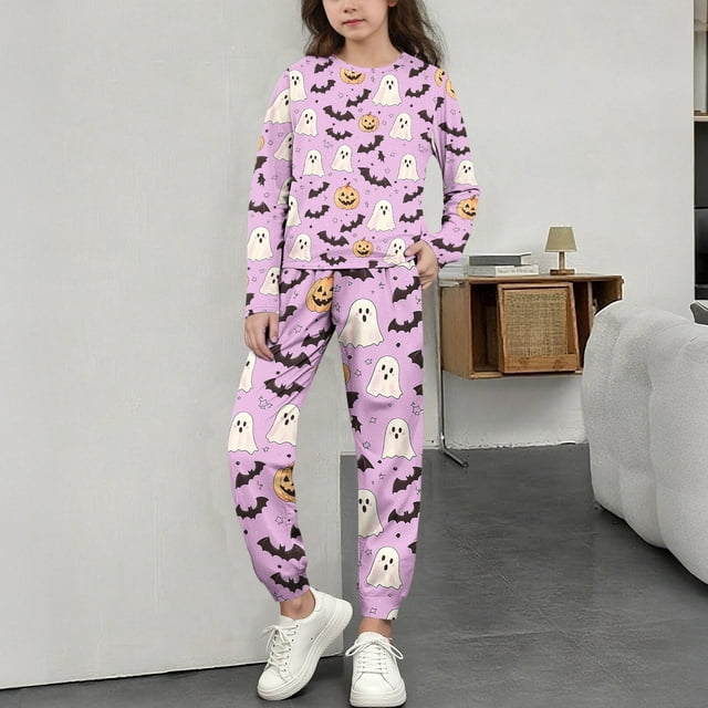 MKOSPLRT Pyjamas d'Halloween pour Tout-Petits Filles Garçons Vêtements de Nuit Ensembles 2 Pcs Manches Longues Col Ras du Cou Hauts Bas de Pyjama Tenue de Détente des Fêtes 3-15 Ans