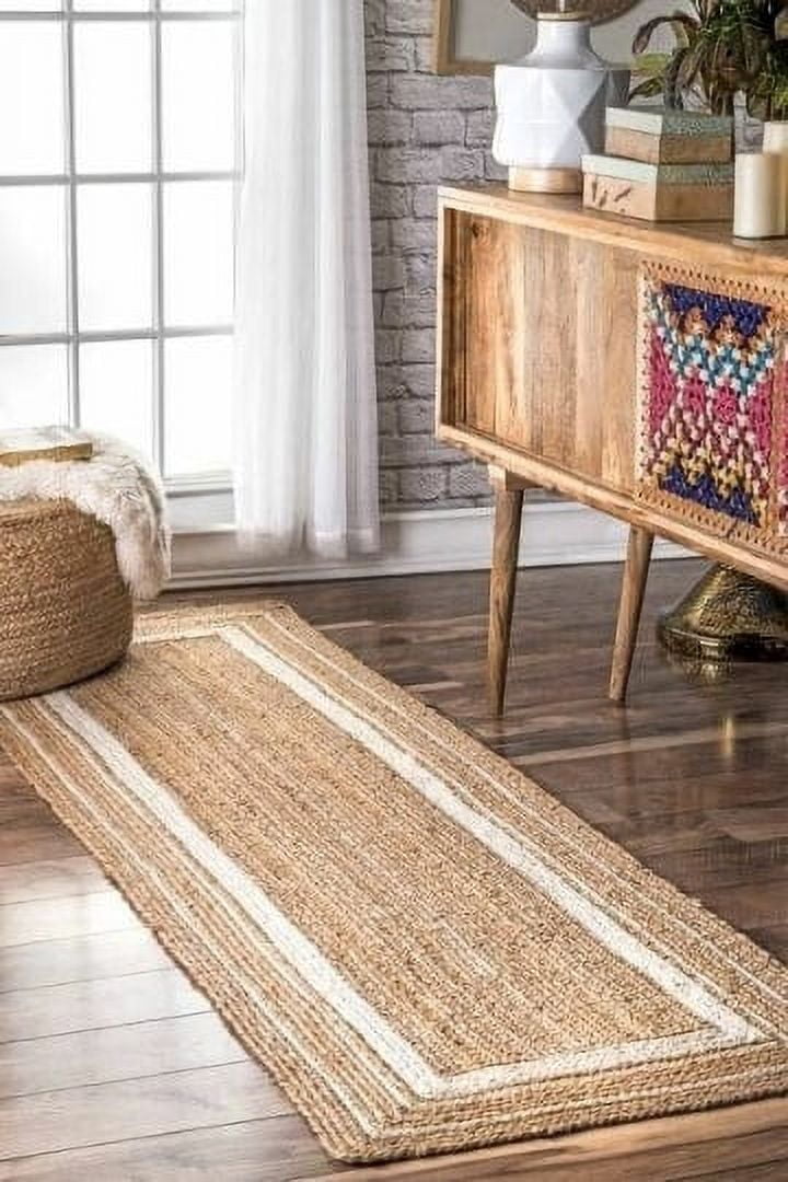Indian Handmade Braided Pure Jute with White Design Area Rugs , Floor Decor Carpet Size 2 x 10 Feet ( 60 cm x 300 cm )
