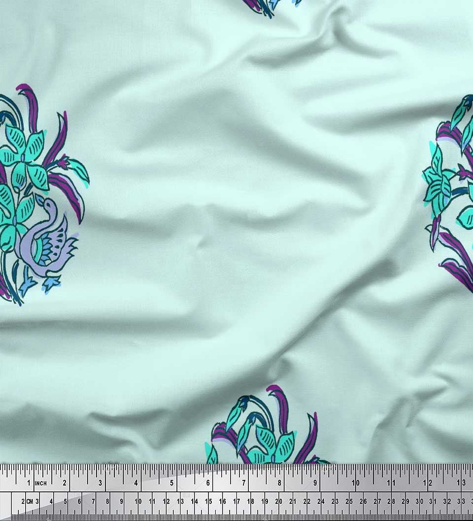 Soimoi Rayon Fabric Leaves,Duck & Floral Block Print Fabric by Yard 56 Inch Wide