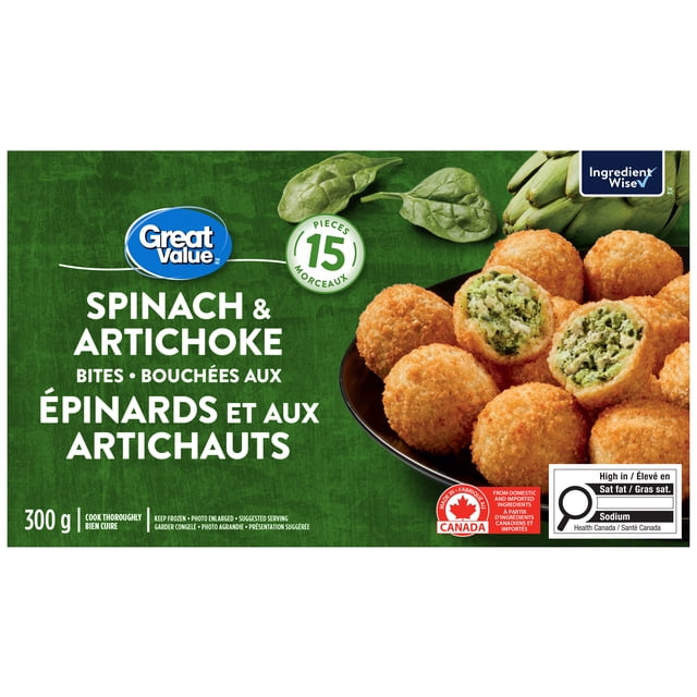 Great Value Spinach & Artichoke Bites package showing 15 crispy battered round bites filled with creamy spinach and artichoke, displayed on a black plate with fresh spinach leaves and an artichoke, 300 g, made in Canada without synthetic colours or artificial flavours, suitable for oven or air fryer cooking.