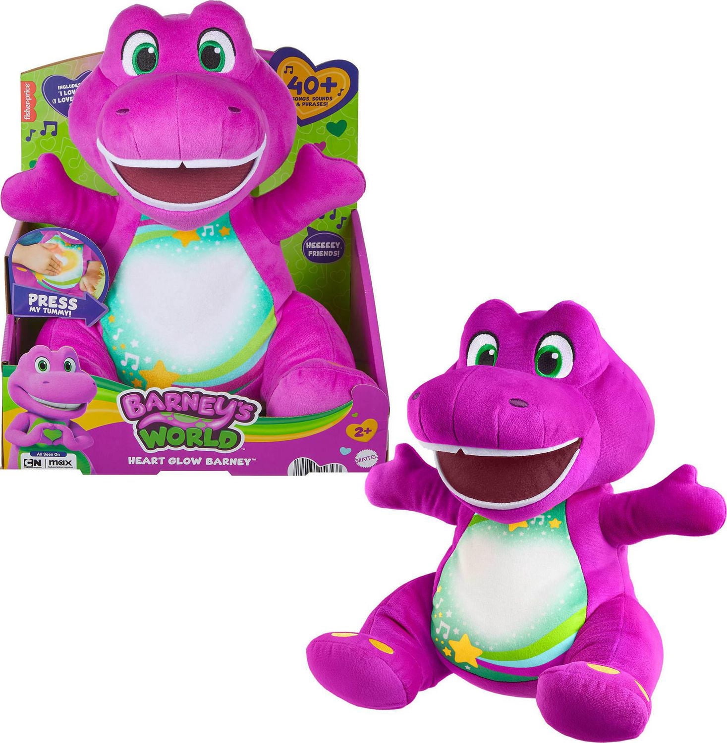 Fisher-Price Barney’s World Heart Glow Barney Plush Toy with Music & Lights for Toddlers & Kids, Multilanguage Version