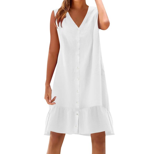 Dvprdro Robe d'Été Imitation Coton Lin pour Femmes Mode Décontractée Ample Couleur Unie Col en V Sans Manches Boutonnée Ourlet à Volants Robe de Plage Soleil