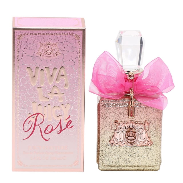 Viva La Juicy Rose EDP L perfume for women, featuring a rectangular glass bottle with a gold-to-pink glitter gradient, topped with a clear faceted cap and a large pink organza bow, accented by a rose gold Juicy Couture emblem, displayed alongside its pink and gold embossed box with product name and brand.