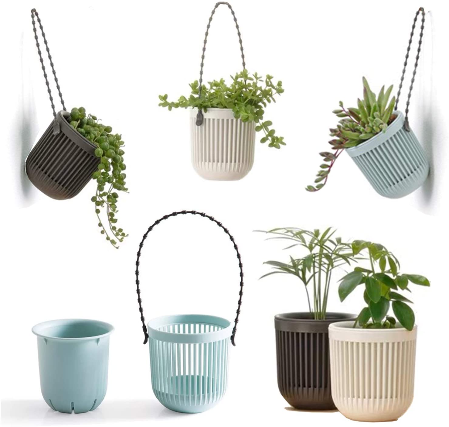 3Pack 3.5inch Two-Piece Succulent Planters Pots with Drainage, Flexible Removable Handle, Planting Pots Flower Pots Small Planter Pots for Mini Plants Hanging Planter on Wall or Window